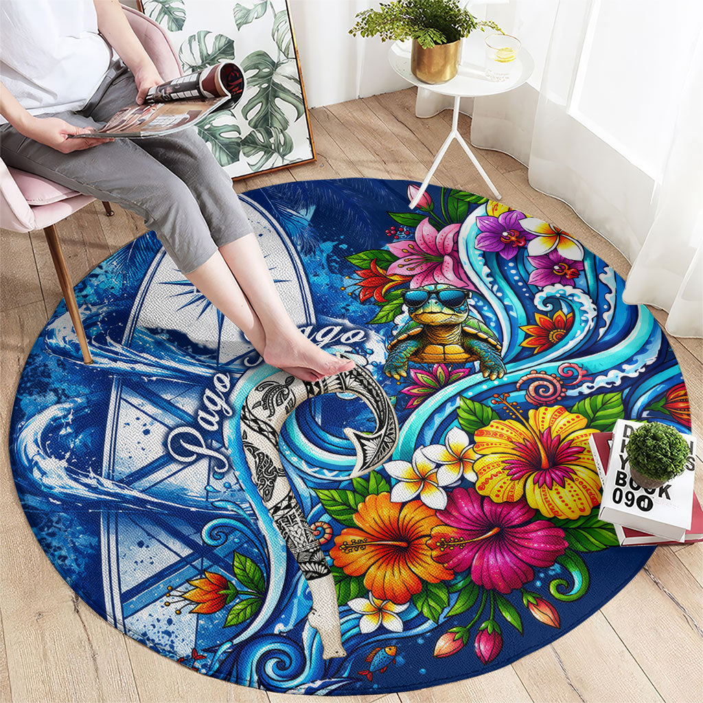 American Samoa Pago Pago Round Carpet Sea Turtle And Fruit Bat - Tropical Hibiscus Flowers Polynesian