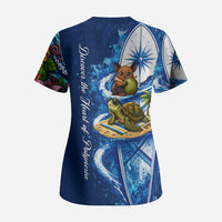 American Samoa Pago Pago Scrub Top Sea Turtle And Fruit Bat - Tropical Hibiscus Flowers Polynesian