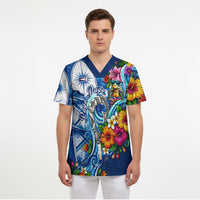 American Samoa Pago Pago Scrub Top Sea Turtle And Fruit Bat - Tropical Hibiscus Flowers Polynesian