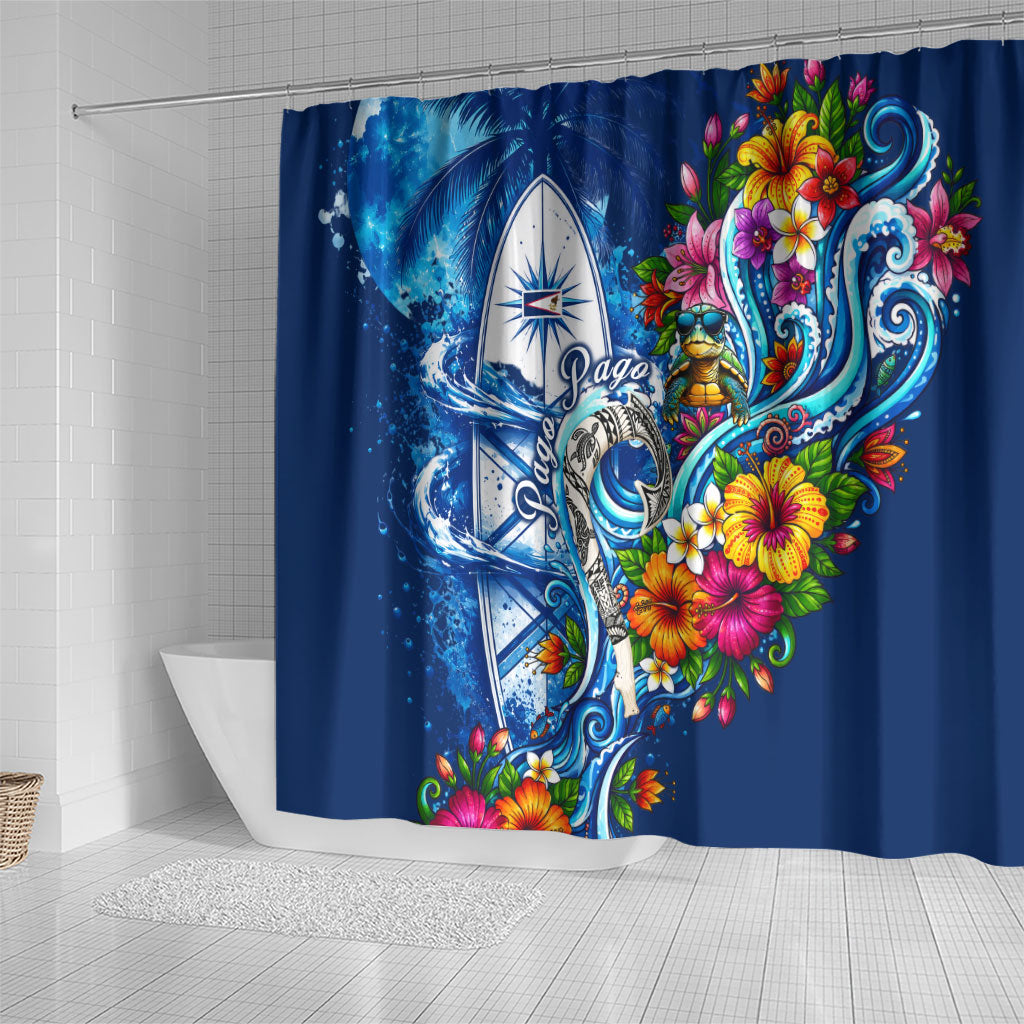 American Samoa Pago Pago Shower Curtain Sea Turtle And Fruit Bat - Tropical Hibiscus Flowers Polynesian