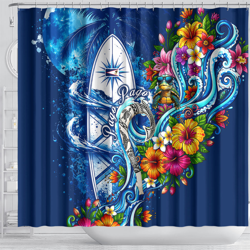 American Samoa Pago Pago Shower Curtain Sea Turtle And Fruit Bat - Tropical Hibiscus Flowers Polynesian