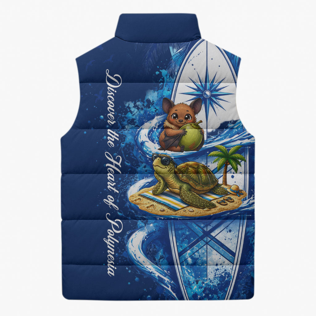 American Samoa Pago Pago Sleeveless Puffer Jacket Sea Turtle And Fruit Bat - Tropical Hibiscus Flowers Polynesian