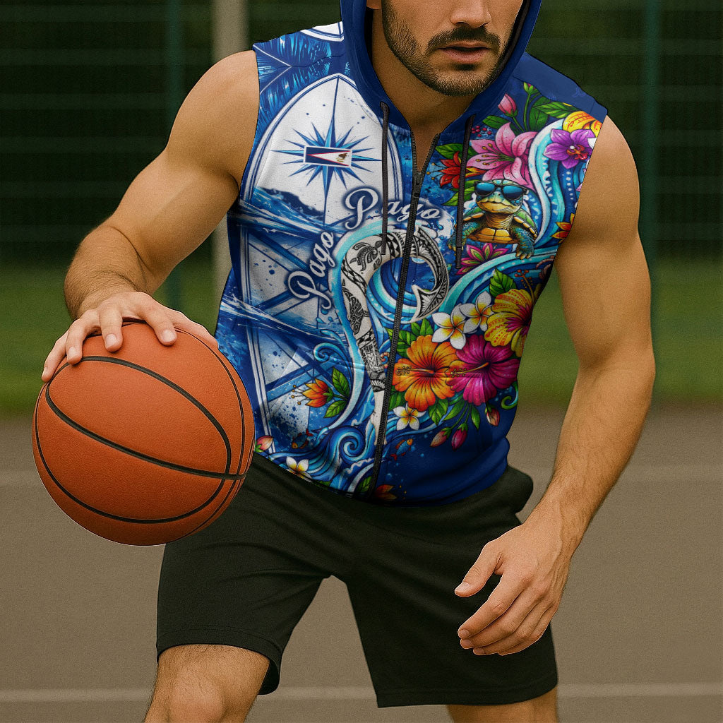 American Samoa Pago Pago Sleeveless Zip Hoodie Sea Turtle And Fruit Bat - Tropical Hibiscus Flowers Polynesian