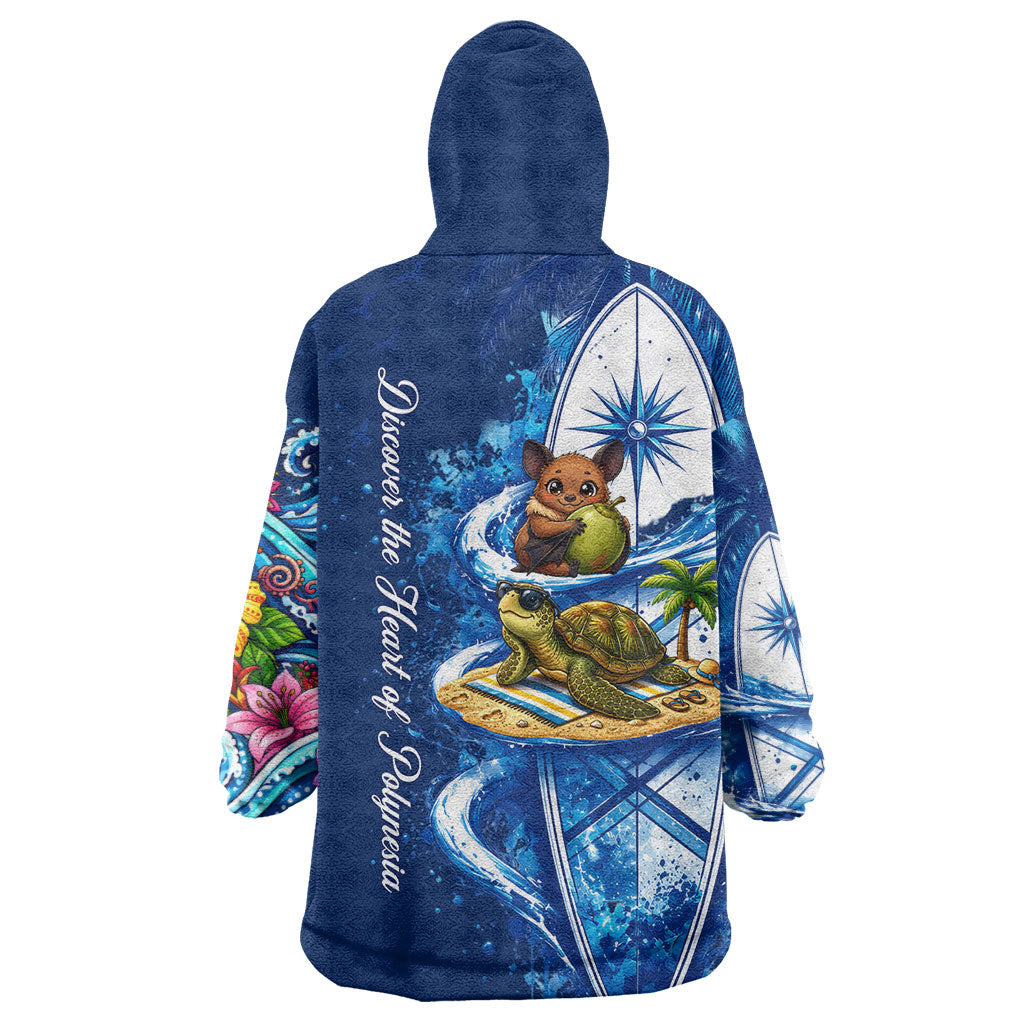 American Samoa Pago Pago Wearable Blanket Hoodie Sea Turtle And Fruit Bat - Tropical Hibiscus Flowers Polynesian
