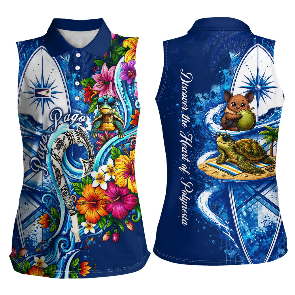 American Samoa Pago Pago Women Sleeveless Polo Shirt Sea Turtle And Fruit Bat - Tropical Hibiscus Flowers Polynesian