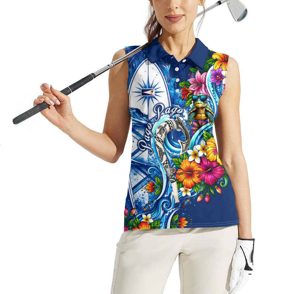American Samoa Pago Pago Women Sleeveless Polo Shirt Sea Turtle And Fruit Bat - Tropical Hibiscus Flowers Polynesian