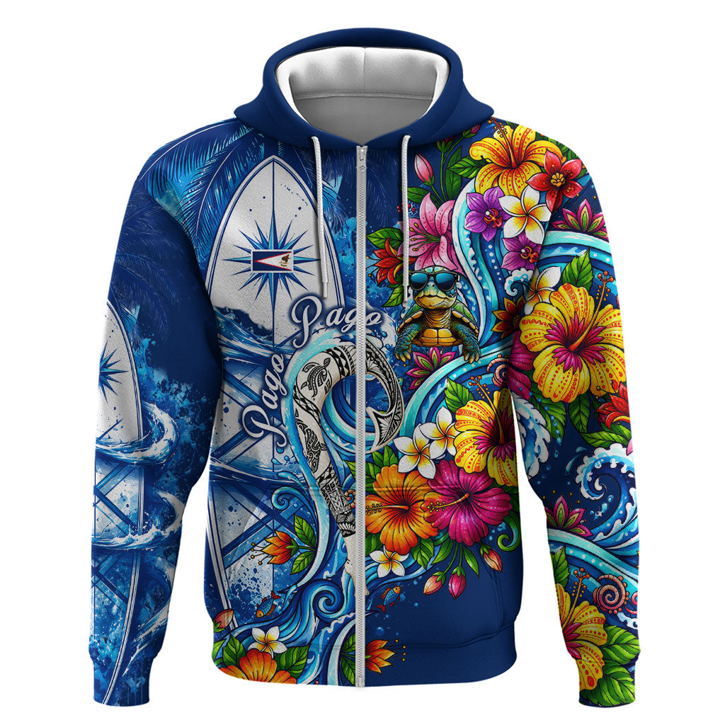 American Samoa Pago Pago Zip Hoodie Sea Turtle And Fruit Bat - Tropical Hibiscus Flowers Polynesian