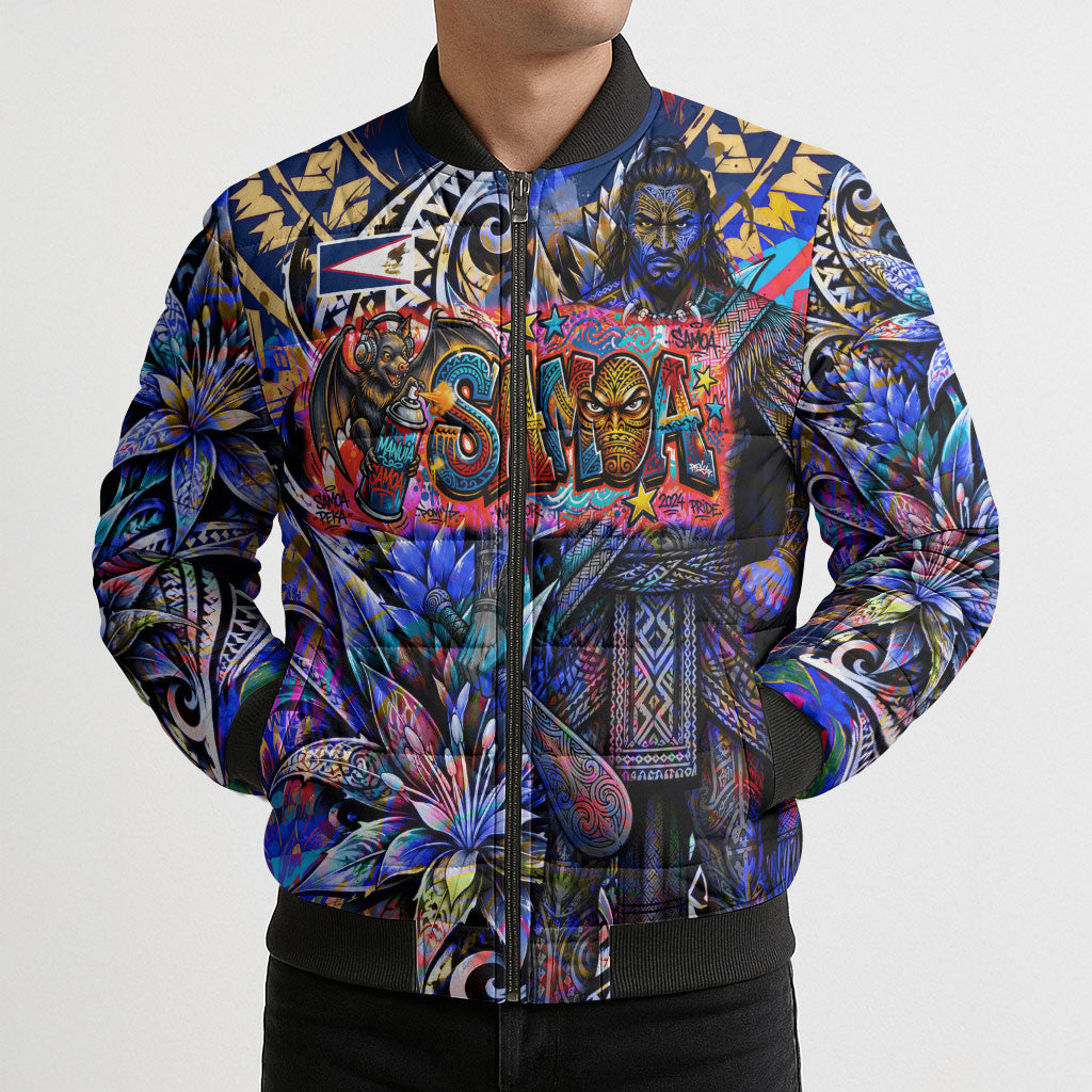 American Samoa Warrior Bomber Puffer Jacket Polynesian Fruit Bat Talofa Urban Graffiti Street Art