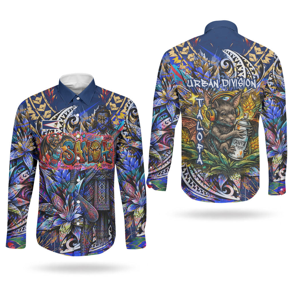 American Samoa Warrior Couples Matching Mermaid Dress and Long Sleeve Button Shirt Polynesian Fruit Bat Talofa Urban Graffiti Street Art