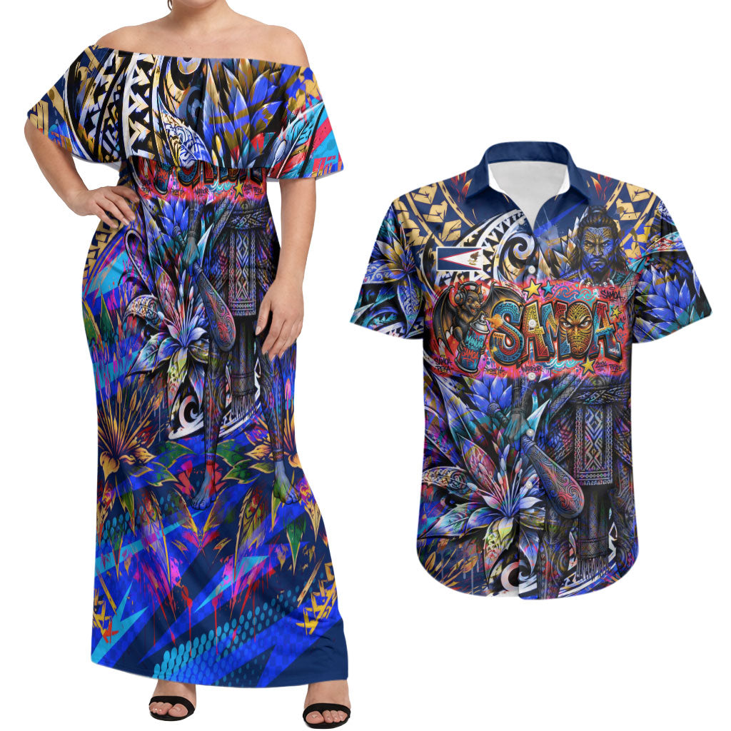 American Samoa Warrior Couples Matching Off Shoulder Maxi Dress and Hawaiian Shirt Polynesian Fruit Bat Talofa Urban Graffiti Street Art