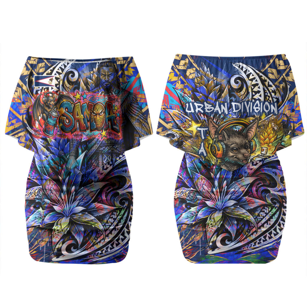 American Samoa Warrior Couples Matching Off Shoulder Short Dress and Hawaiian Shirt Polynesian Fruit Bat Talofa Urban Graffiti Street Art