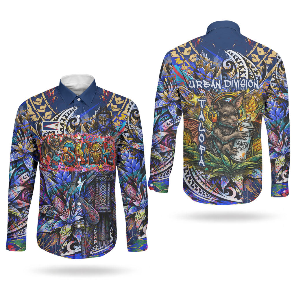 American Samoa Warrior Couples Matching Summer Maxi Dress and Long Sleeve Button Shirt Polynesian Fruit Bat Talofa Urban Graffiti Street Art