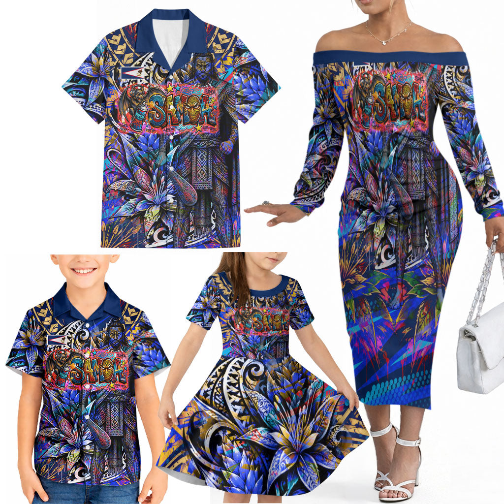 American Samoa Warrior Family Matching Off The Shoulder Long Sleeve Dress and Hawaiian Shirt Polynesian Fruit Bat Talofa Urban Graffiti Street Art