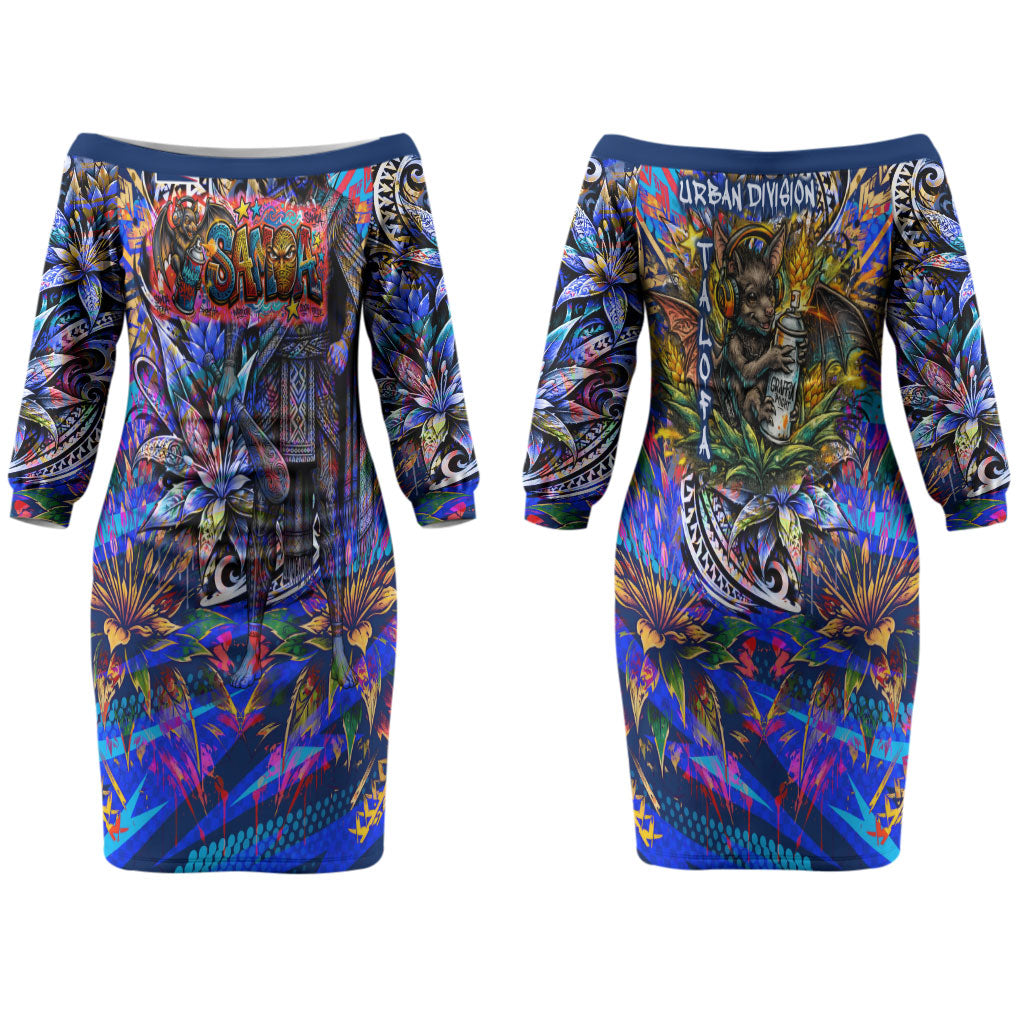 American Samoa Warrior Family Matching Off The Shoulder Long Sleeve Dress and Hawaiian Shirt Polynesian Fruit Bat Talofa Urban Graffiti Street Art