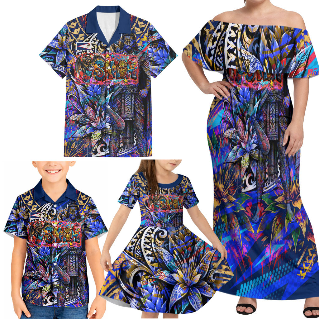 American Samoa Warrior Family Matching Off Shoulder Maxi Dress and Hawaiian Shirt Polynesian Fruit Bat Talofa Urban Graffiti Street Art