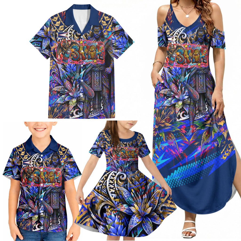 American Samoa Warrior Family Matching Summer Maxi Dress and Hawaiian Shirt Polynesian Fruit Bat Talofa Urban Graffiti Street Art