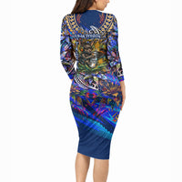 American Samoa Warrior Long Sleeve Bodycon Dress Polynesian Fruit Bat Talofa Urban Graffiti Street Art
