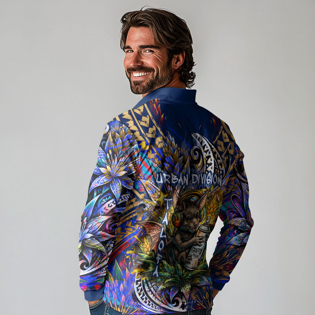 American Samoa Warrior Long Sleeve Polo Shirt Polynesian Fruit Bat Talofa Urban Graffiti Street Art