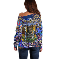 American Samoa Warrior Off Shoulder Sweater Polynesian Fruit Bat Talofa Urban Graffiti Street Art