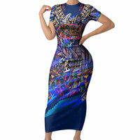 American Samoa Warrior Short Sleeve Bodycon Dress Polynesian Fruit Bat Talofa Urban Graffiti Street Art