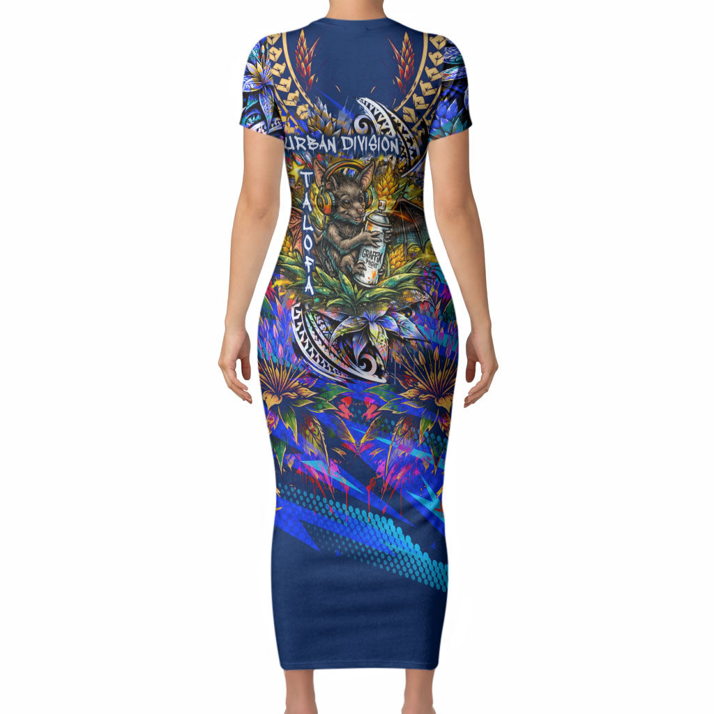 American Samoa Warrior Short Sleeve Bodycon Dress Polynesian Fruit Bat Talofa Urban Graffiti Street Art