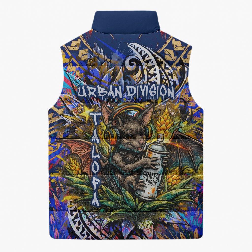 American Samoa Warrior Sleeveless Puffer Jacket Polynesian Fruit Bat Talofa Urban Graffiti Street Art