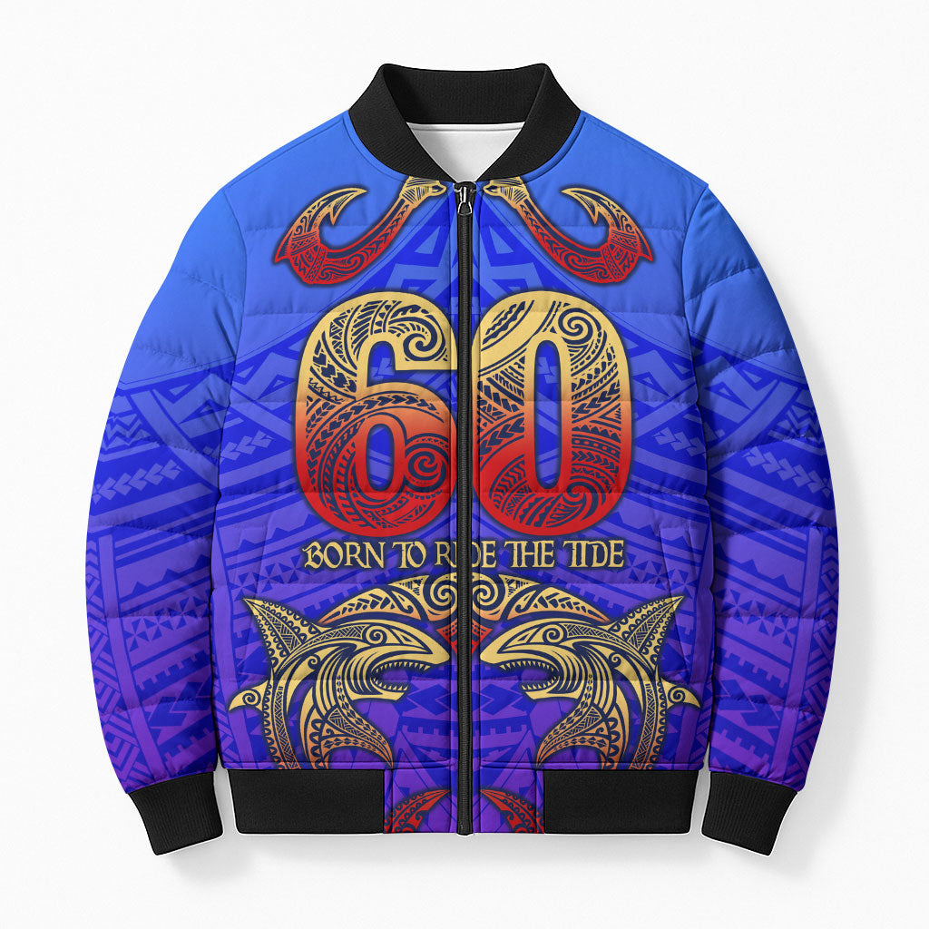 Personalized Polynesian 60th Birthday Bomber Puffer Jacket Polynesian Tribal Art Vintage Ocean Pattern