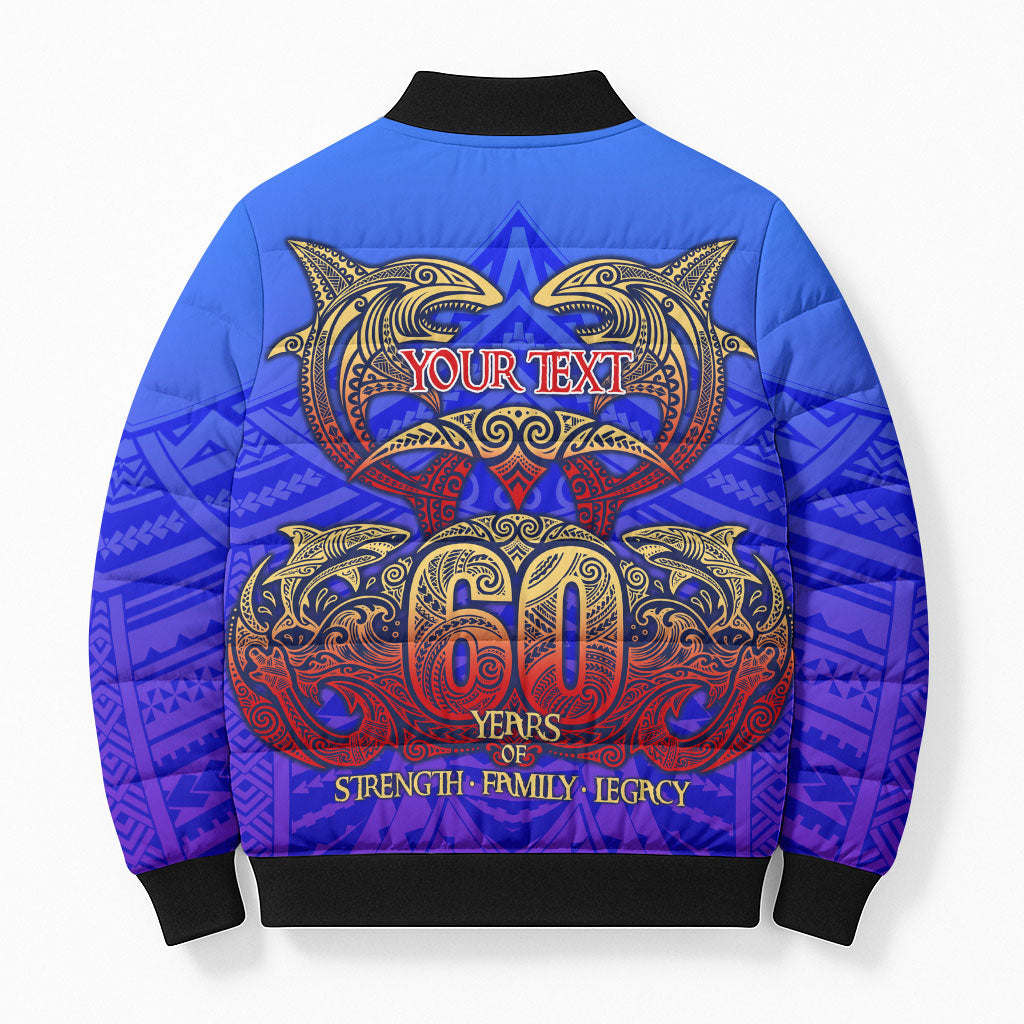 Personalized Polynesian 60th Birthday Bomber Puffer Jacket Polynesian Tribal Art Vintage Ocean Pattern