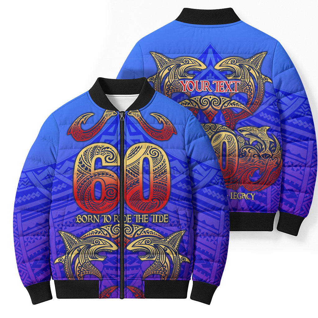 Personalized Polynesian 60th Birthday Bomber Puffer Jacket Polynesian Tribal Art Vintage Ocean Pattern