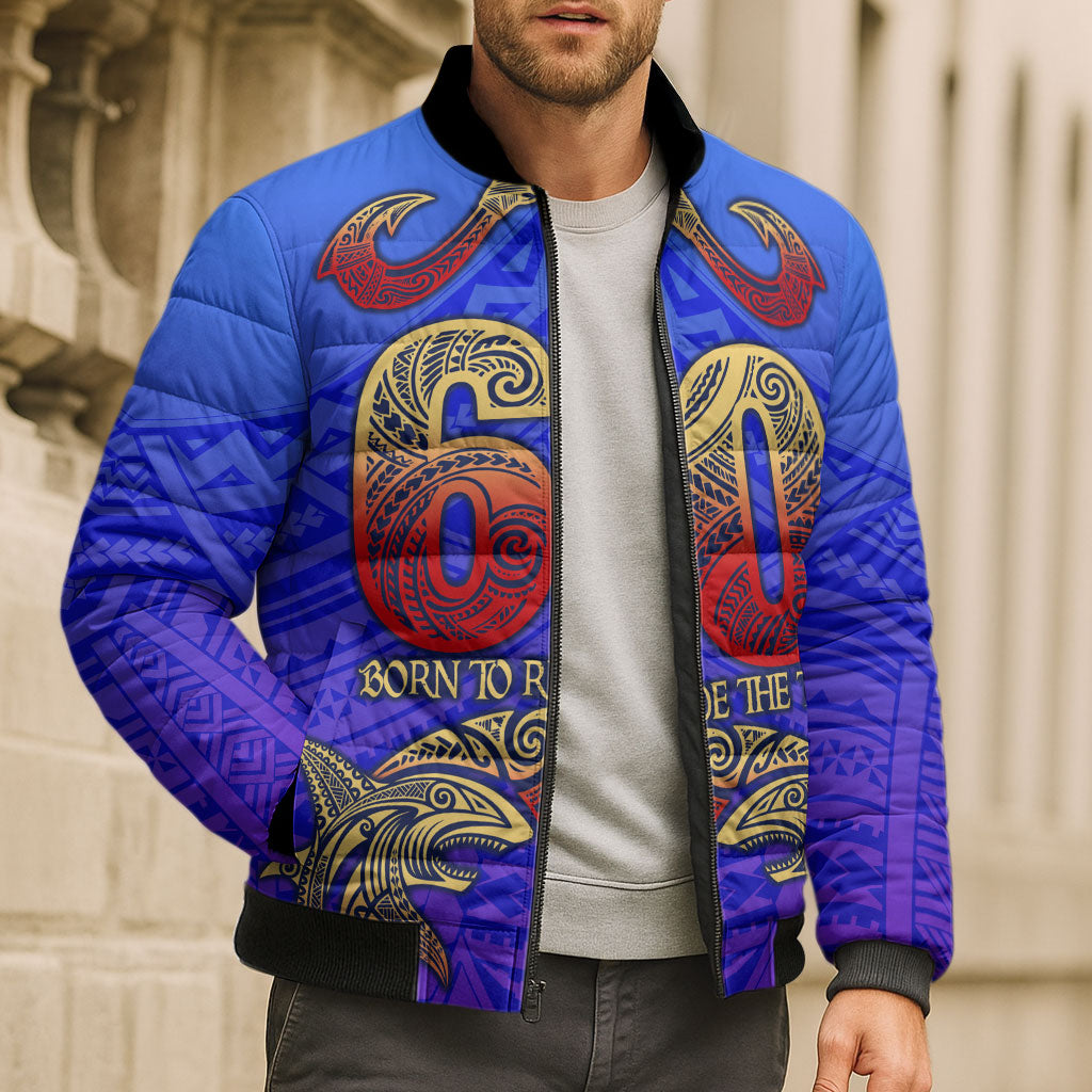 Personalized Polynesian 60th Birthday Bomber Puffer Jacket Polynesian Tribal Art Vintage Ocean Pattern