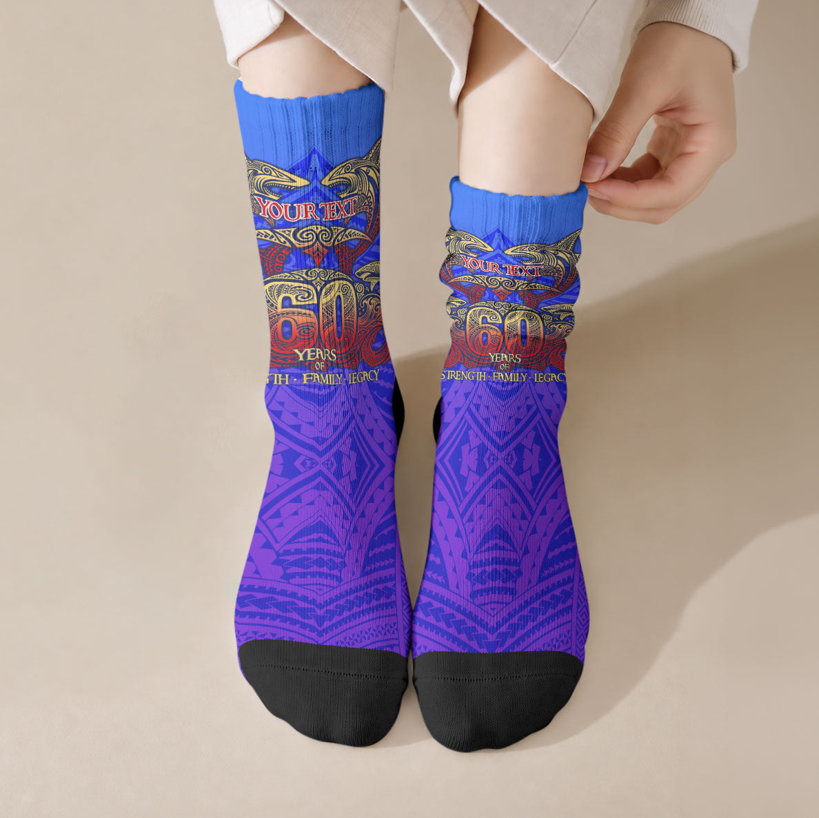 Personalized Polynesian 60th Birthday Crew Socks Polynesian Tribal Art Vintage Ocean Pattern TS04 Crew Socks Blue Yellow - Polynesian Pride