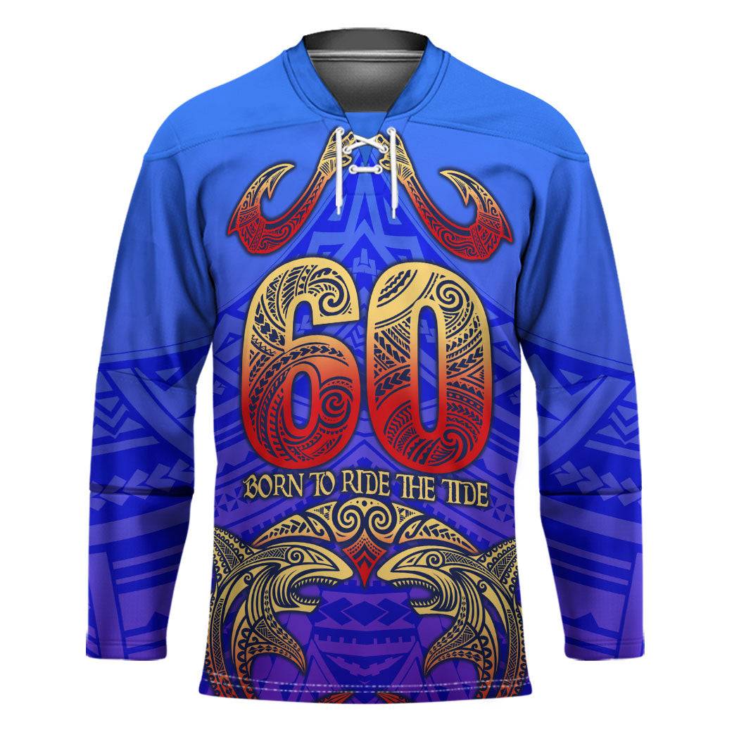 Personalized Polynesian 60th Birthday Hockey Jersey Polynesian Tribal Art Vintage Ocean Pattern TS04 Unisex Blue Yellow - Polynesian Pride