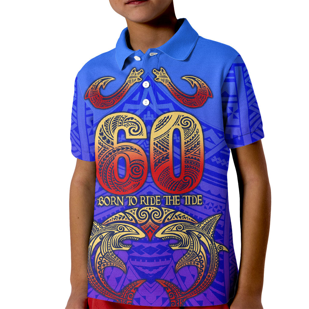 Personalized Polynesian 60th Birthday Kid Polo Shirt Polynesian Tribal Art Vintage Ocean Pattern TS04 Kid Blue Yellow - Polynesian Pride
