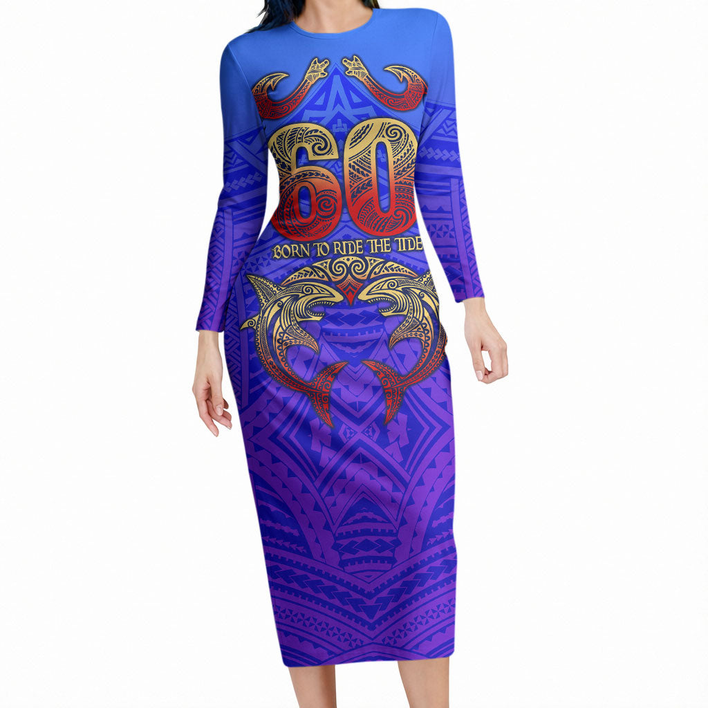 Personalized Polynesian 60th Birthday Long Sleeve Bodycon Dress Polynesian Tribal Art Vintage Ocean Pattern TS04 Long Dress Blue Yellow - Polynesian Pride