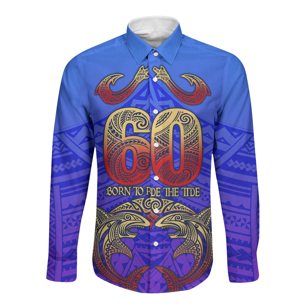 Personalized Polynesian 60th Birthday Long Sleeve Button Shirt Polynesian Tribal Art Vintage Ocean Pattern TS04 Unisex Blue Yellow - Polynesian Pride