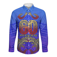 Personalized Polynesian 60th Birthday Long Sleeve Button Shirt Polynesian Tribal Art Vintage Ocean Pattern