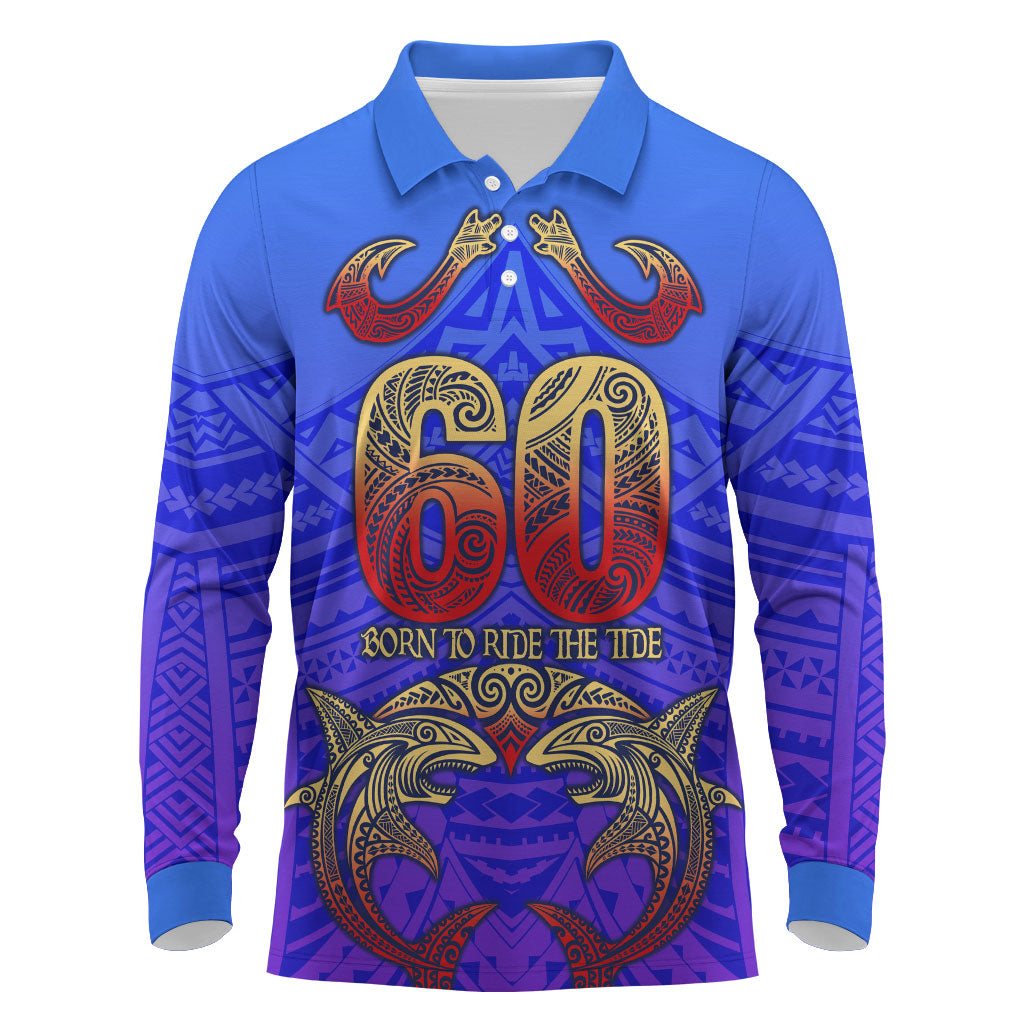 Personalized Polynesian 60th Birthday Long Sleeve Polo Shirt Polynesian Tribal Art Vintage Ocean Pattern TS04 Blue Yellow - Polynesian Pride