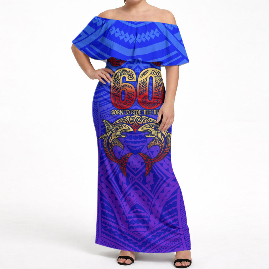 Personalized Polynesian 60th Birthday Off Shoulder Maxi Dress Polynesian Tribal Art Vintage Ocean Pattern TS04 Women Blue Yellow - Polynesian Pride