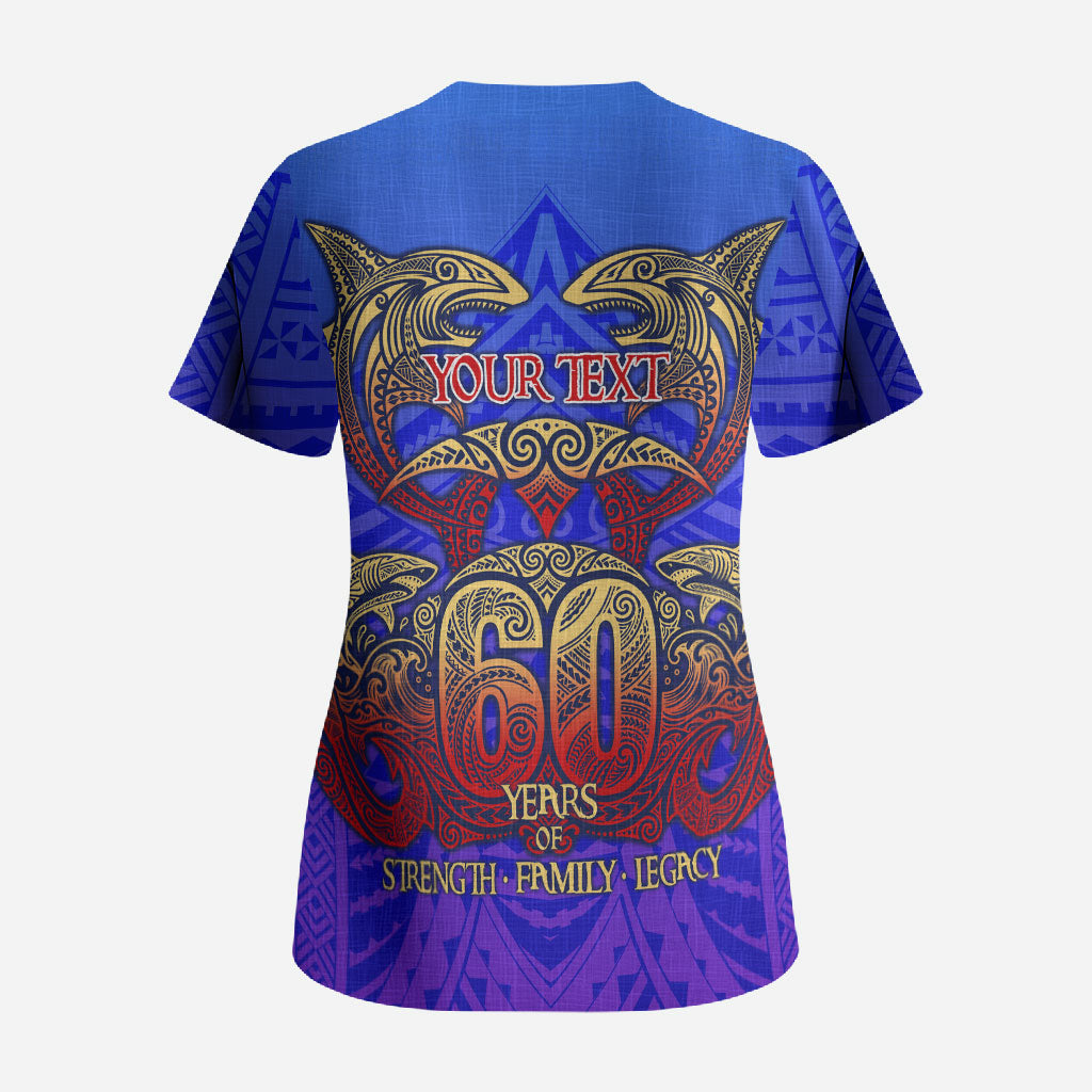 Personalized Polynesian 60th Birthday Scrub Top Polynesian Tribal Art Vintage Ocean Pattern