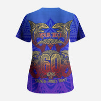 Personalized Polynesian 60th Birthday Scrub Top Polynesian Tribal Art Vintage Ocean Pattern