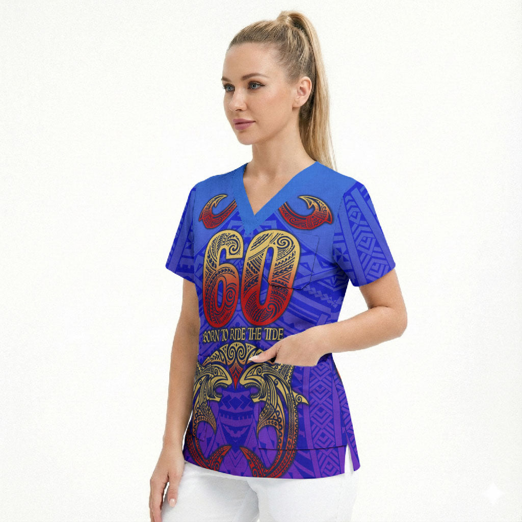 Personalized Polynesian 60th Birthday Scrub Top Polynesian Tribal Art Vintage Ocean Pattern