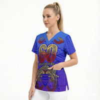 Personalized Polynesian 60th Birthday Scrub Top Polynesian Tribal Art Vintage Ocean Pattern