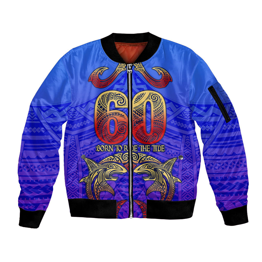 Personalized Polynesian 60th Birthday Sleeve Zip Bomber Jacket Polynesian Tribal Art Vintage Ocean Pattern