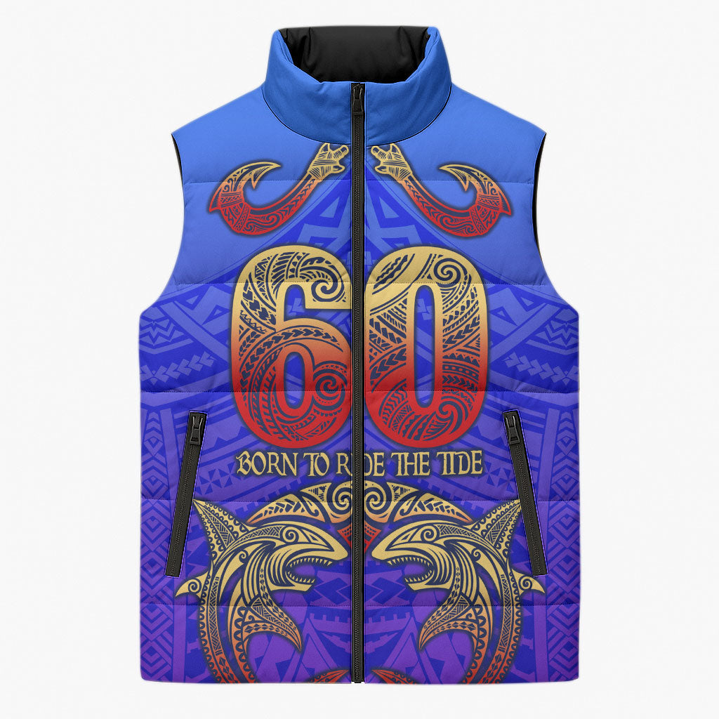 Personalized Polynesian 60th Birthday Sleeveless Puffer Jacket Polynesian Tribal Art Vintage Ocean Pattern TS04 Unisex Blue Yellow - Polynesian Pride