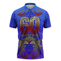 Personalized Polynesian 60th Birthday Zipper Polo Shirt Polynesian Tribal Art Vintage Ocean Pattern TS04 Blue Yellow - Polynesian Pride