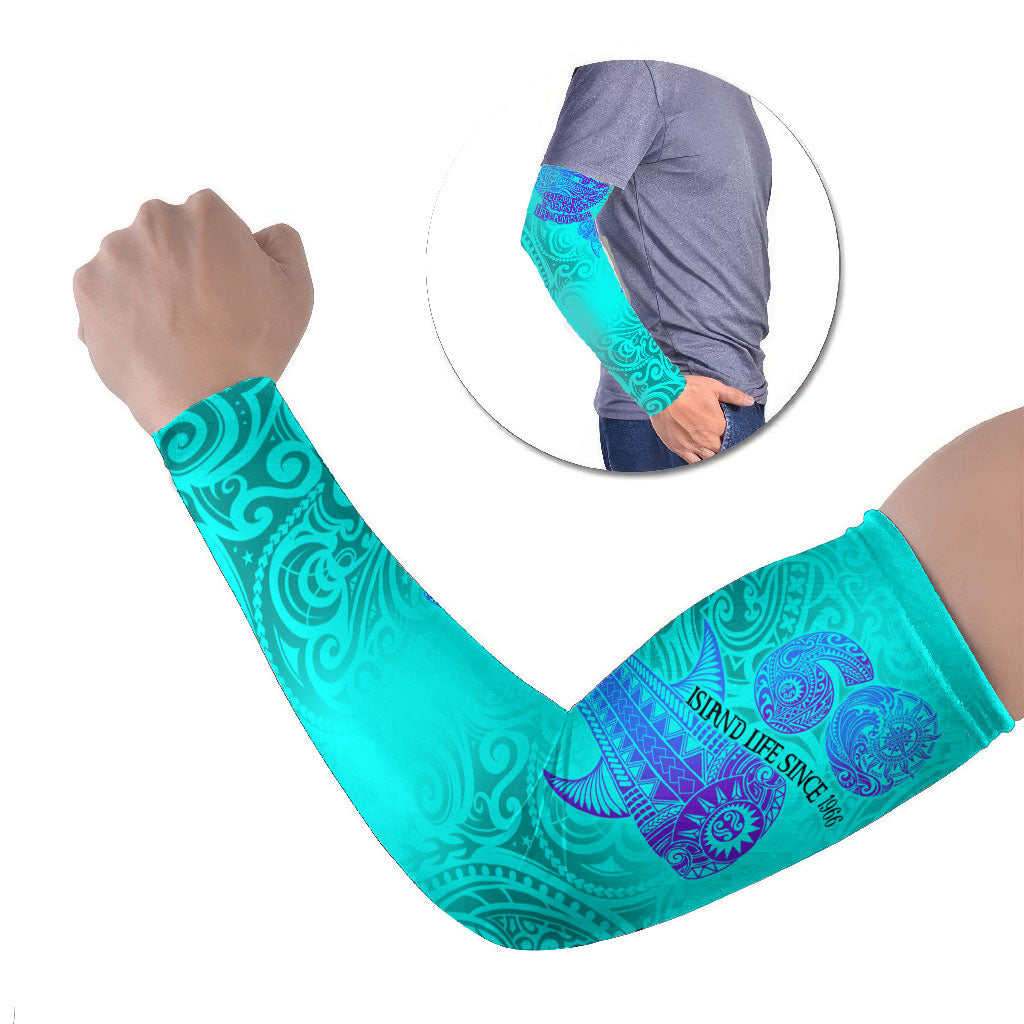 Personalized Polynesian 60th Birthday Island Life Since 1966 Arm Sleeves Vibrant Tribal Tattoo Ocean Sunset Pattern TS04 Set of 2 Blue Purple - Polynesian Pride