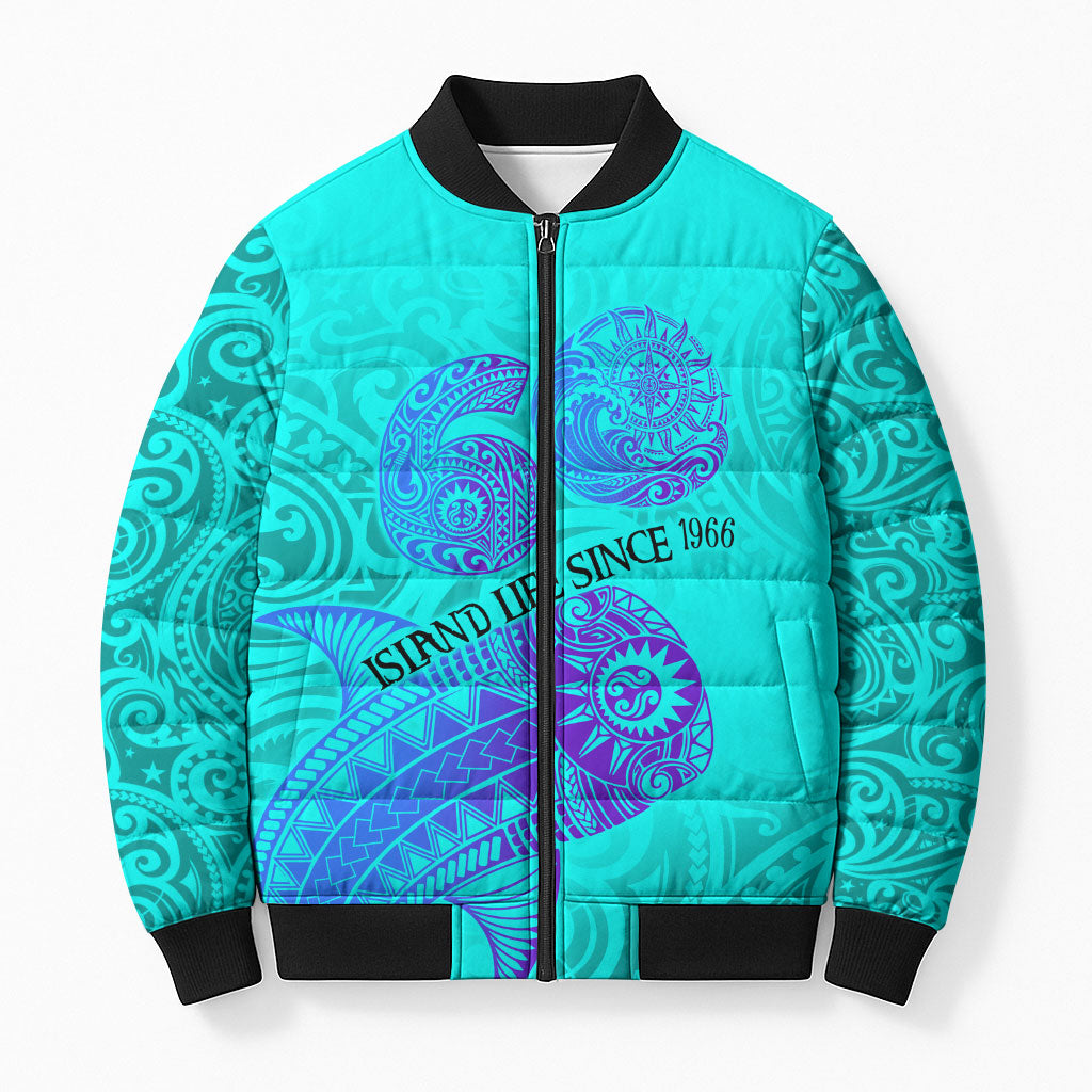 Personalized Polynesian 60th Birthday Island Life Since 1966 Bomber Puffer Jacket Vibrant Tribal Tattoo Ocean Sunset Pattern