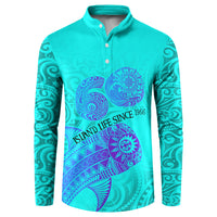Personalized Polynesian 60th Birthday Island Life Since 1966 Button Sweatshirt Vibrant Tribal Tattoo Ocean Sunset Pattern