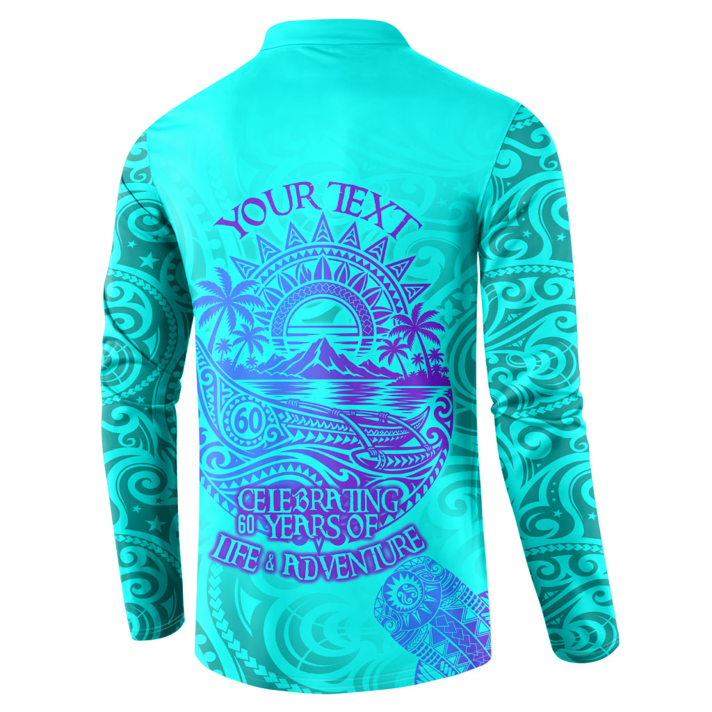 Personalized Polynesian 60th Birthday Island Life Since 1966 Button Sweatshirt Vibrant Tribal Tattoo Ocean Sunset Pattern