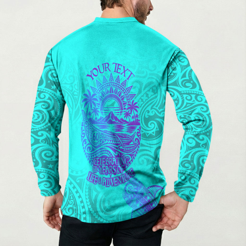 Personalized Polynesian 60th Birthday Island Life Since 1966 Button Sweatshirt Vibrant Tribal Tattoo Ocean Sunset Pattern
